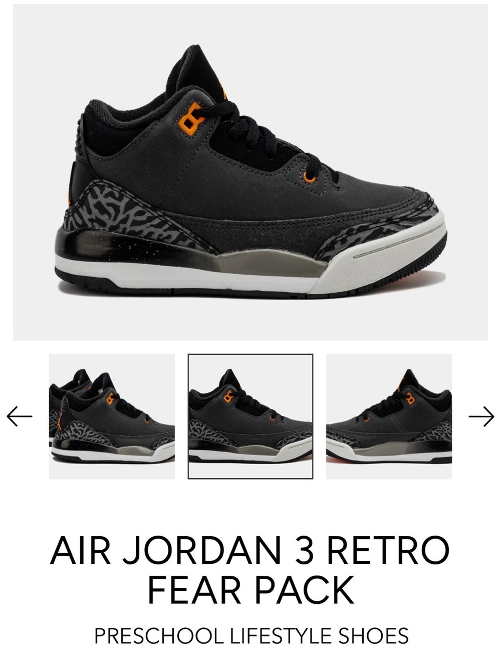 Jordan 3 Retro Preschool Sneakers in Black with Orange Accents